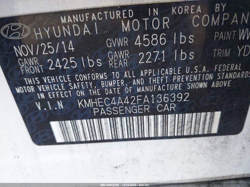 2015 Hyundai Sonata Hybrid Limited VIN: KMHEC4A42FA136392 Lot: 44002285