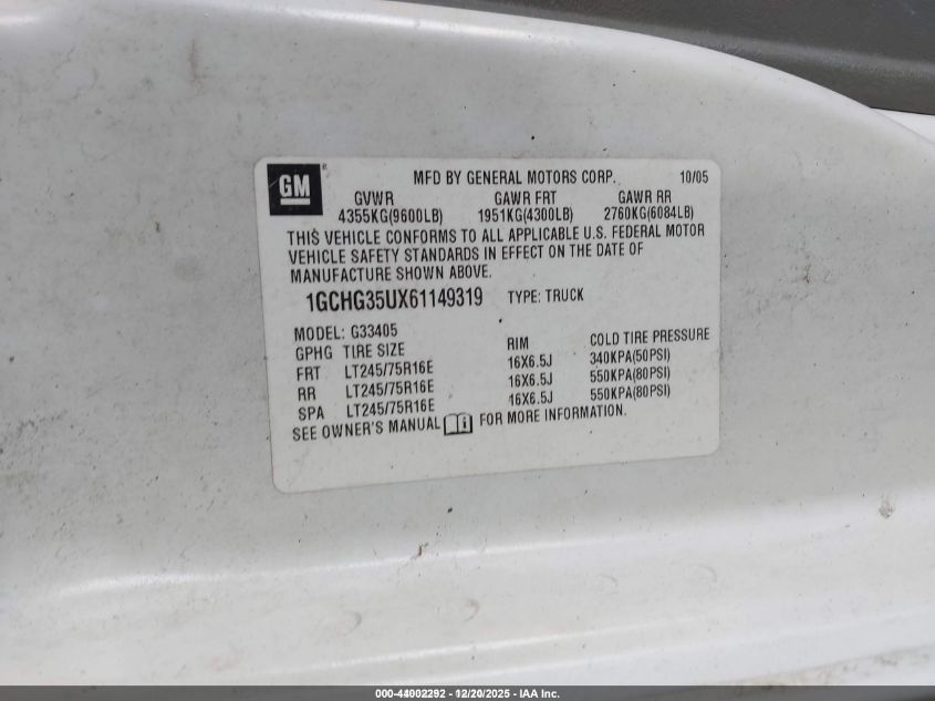 2006 Chevrolet Express Work Van VIN: 1GCHG35UX61149319 Lot: 44002292