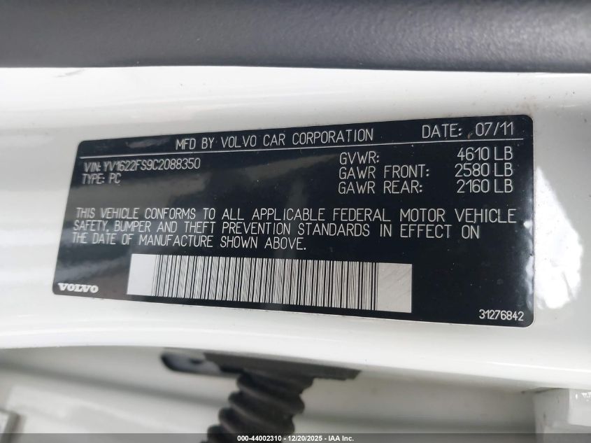 2012 Volvo S60 T5 VIN: YV1622FS9C2088350 Lot: 44002310