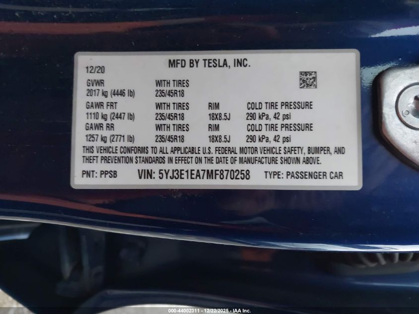 2021 Tesla Model 3 Standard Range Plus Rear-Wheel Drive VIN: 5YJ3E1EA7MF870258 Lot: 44002311
