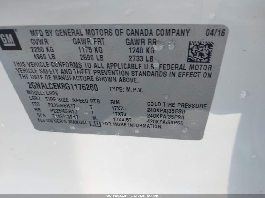 2016 Chevrolet Equinox Lt VIN: 2GNALCEK8G1176260 Lot: 44002321