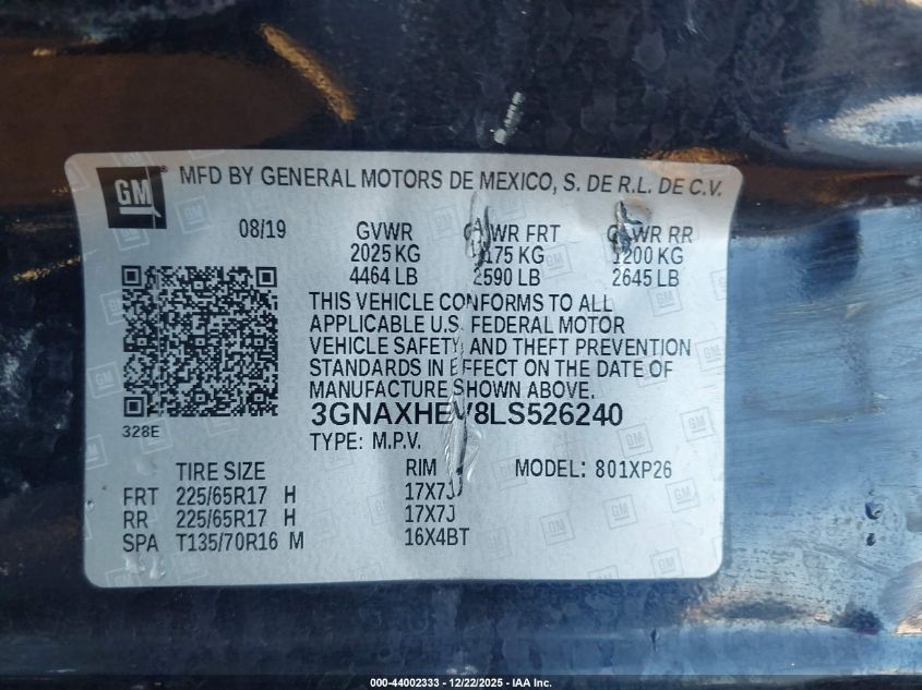 2020 Chevrolet Equinox Fwd Ls VIN: 3GNAXHEV8LS526240 Lot: 44002333