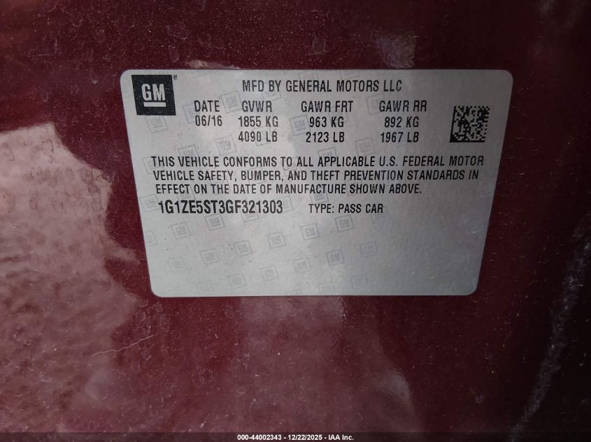 2016 Chevrolet Malibu 1Lt VIN: 1G1ZE5ST3GF321303 Lot: 44002343