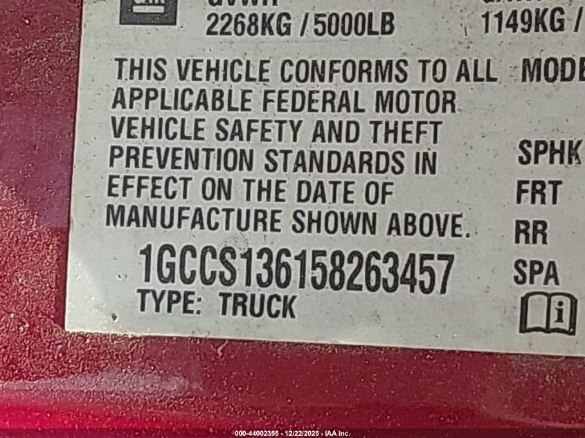 2005 Chevrolet Colorado Ls VIN: 1GCCS136158263457 Lot: 44002355