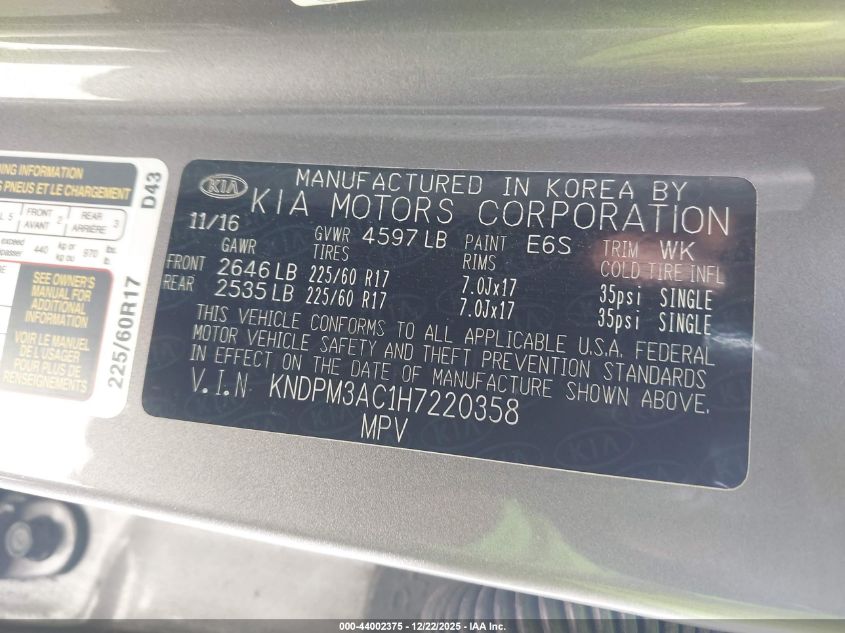 2017 Kia Sportage Lx VIN: KNDPM3AC1H7220358 Lot: 44002375