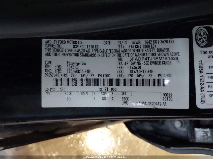 2014 Ford Fiesta S VIN: 3FADP4TJ1EM151528 Lot: 44002380