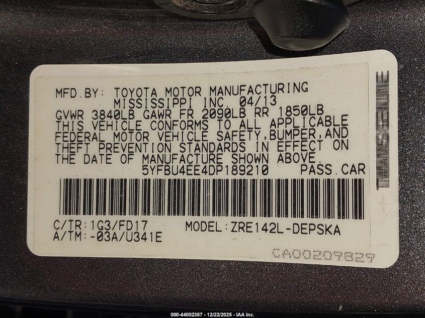 2013 Toyota Corolla S VIN: 5YFBU4EE4DP189210 Lot: 44002387