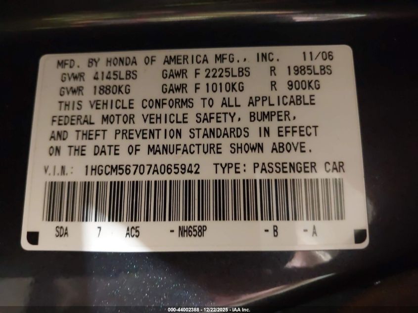 2007 Honda Accord 2.4 Ex VIN: 1HGCM56707A065942 Lot: 44002388