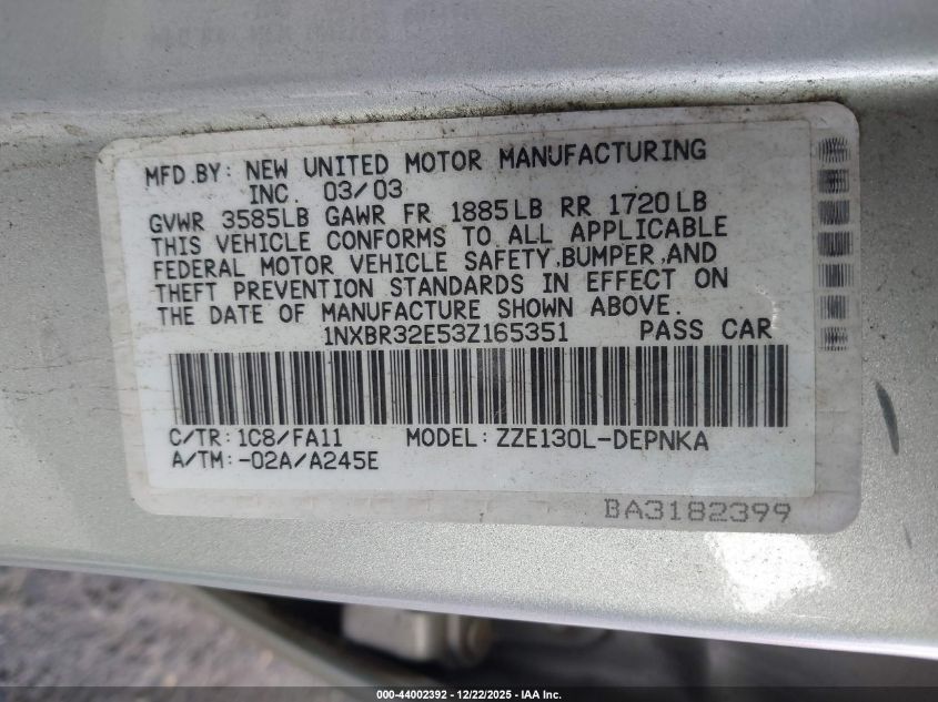 2003 Toyota Corolla Le VIN: 1NXBR32E53Z165351 Lot: 44002392