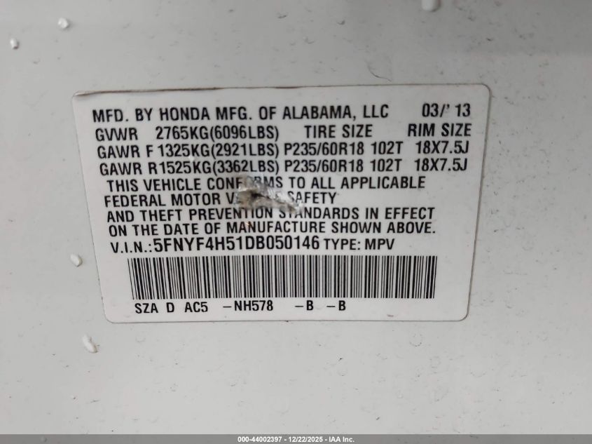 2013 Honda Pilot Ex-L VIN: 5FNYF4H51DB050146 Lot: 44002397