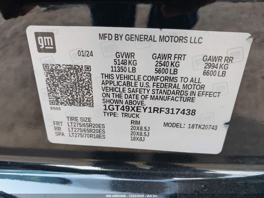 2024 GMC Sierra 2500Hd 4Wd Standard Bed Denali Ultimate VIN: 1GT49XEY1RF317438 Lot: 44002406
