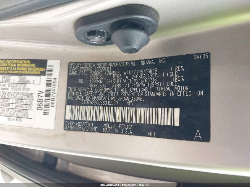 2005 Toyota Sienna Xle VIN: 5TDZA22C05S319989 Lot: 44002414