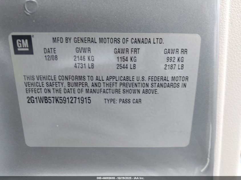 2009 Chevrolet Impala Ls VIN: 2G1WB57K591271915 Lot: 44002416