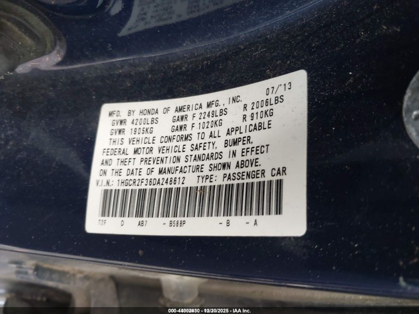 2013 Honda Accord Lx VIN: 1HGCR2F36DA248612 Lot: 44002430