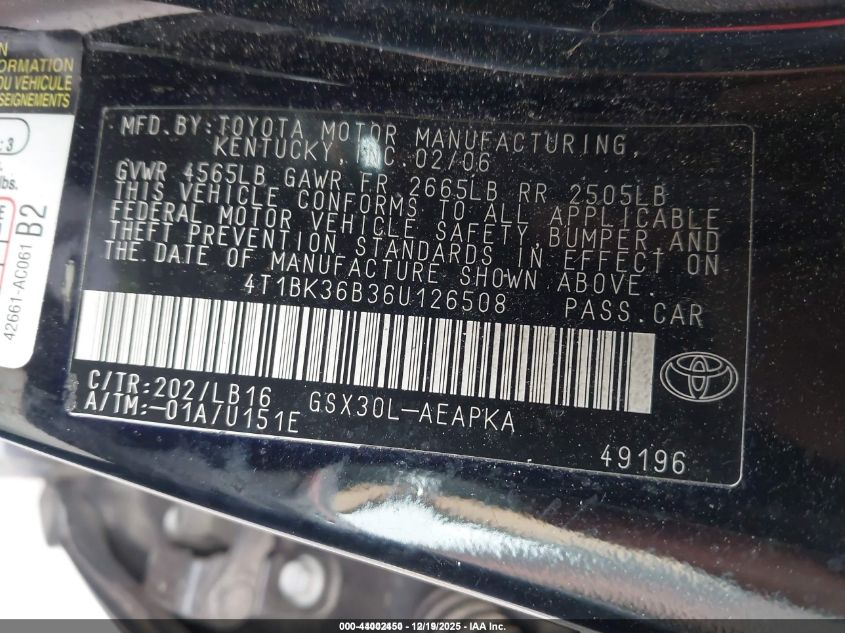 2006 Toyota Avalon Limited VIN: 4T1BK36B36U126508 Lot: 44002450
