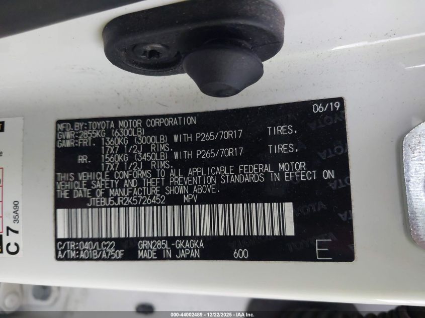 2019 Toyota 4Runner Trd Off Road Premium VIN: JTEBU5JR2K5726452 Lot: 44002489