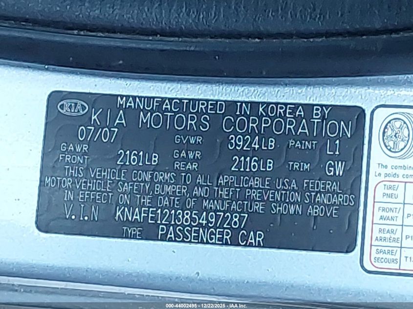 2008 Kia Spectra Ex VIN: KNAFE121385497287 Lot: 44002495