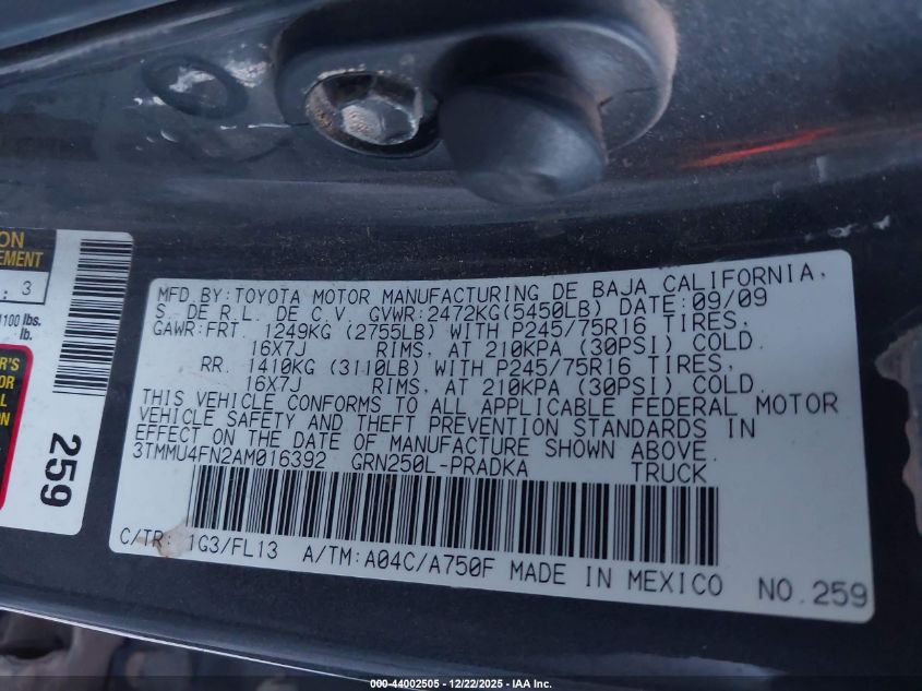 2010 Toyota Tacoma Base V6 VIN: 3TMMU4FN2AM016392 Lot: 44002505
