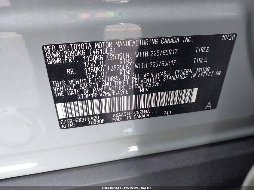 2021 Toyota Rav4 Xle VIN: 2T3P1RFV7MW154208 Lot: 44002511