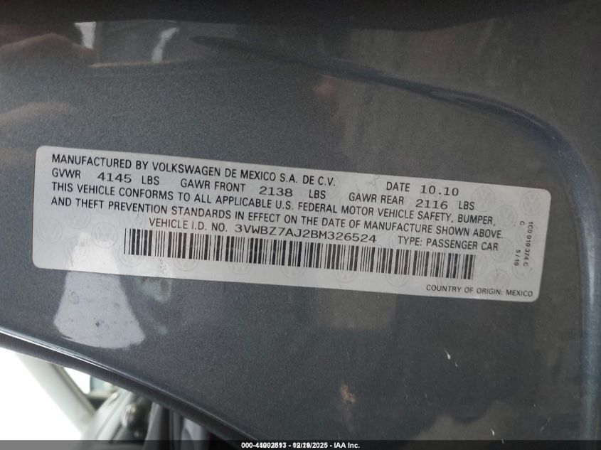 2011 Volkswagen Jetta 2.5L Se VIN: 3VWBZ7AJ2BM326524 Lot: 44002513