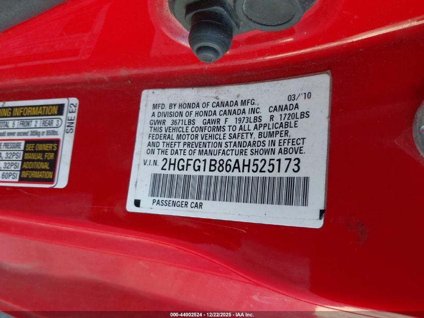2010 Honda Civic Ex VIN: 2HGFG1B86AH525173 Lot: 44002524