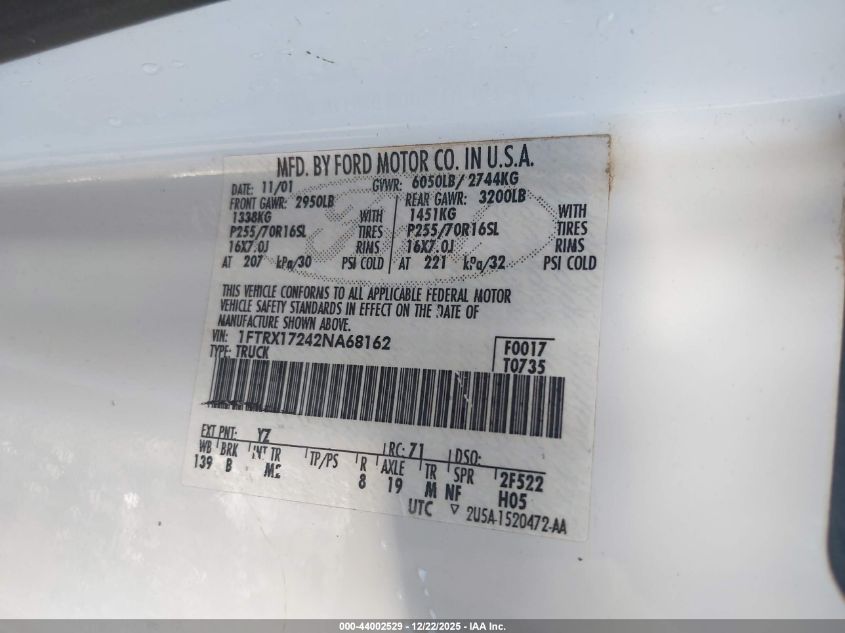 2002 Ford F-150 Xl/Xlt VIN: 1FTRX17242NA68162 Lot: 44002529