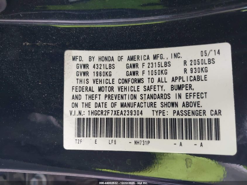 2014 Honda Accord Ex VIN: 1HGCR2F7XEA239304 Lot: 44002532