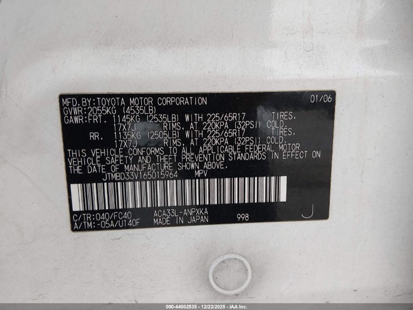 2006 Toyota Rav4 VIN: JTMBD33V165015964 Lot: 44002535