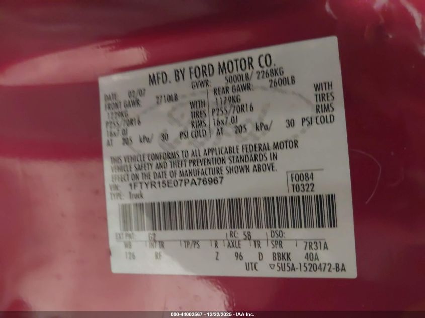 2007 Ford Ranger Fx4 Off-Road/Sport/Xl/Xlt VIN: 1FTYR15E07PA76967 Lot: 44002567