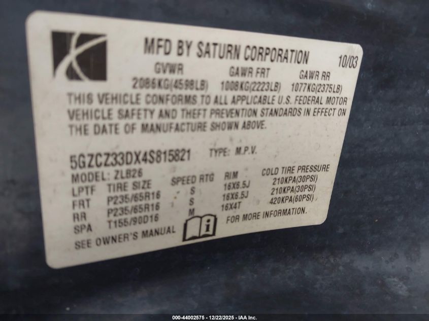 2004 Saturn Vue 4 Cyl VIN: 5GZCZ33DX4S815821 Lot: 44002575