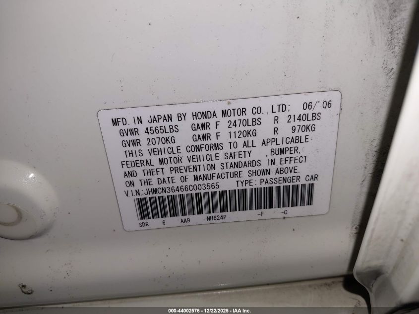 2006 Honda Accord Hybrid VIN: JHMCN36466C003565 Lot: 44002576