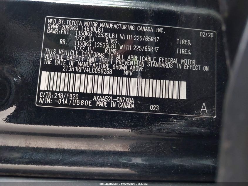 2020 Toyota Rav4 Le VIN: 2T3H1RFV4LC059268 Lot: 44002585