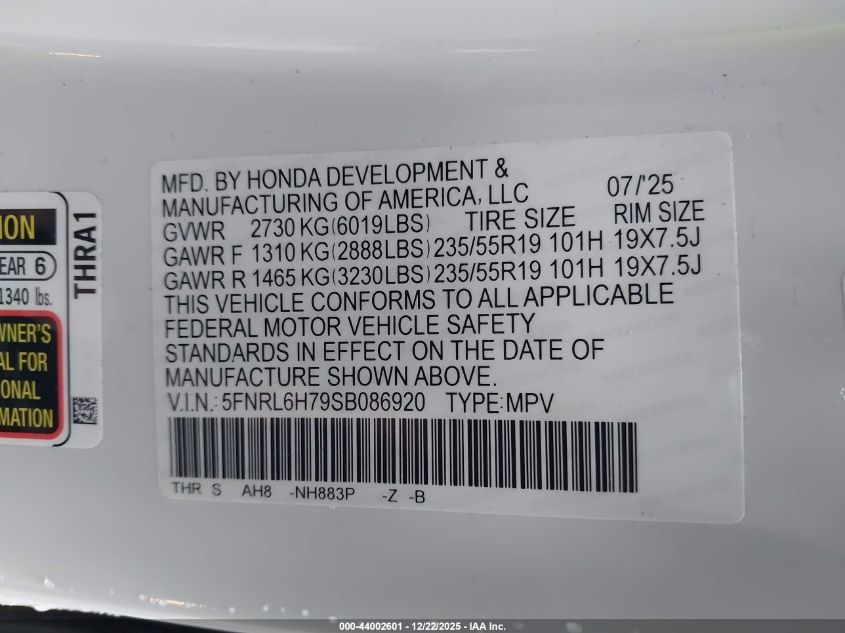 2025 Honda Odyssey Sport-L VIN: 5FNRL6H79SB086920 Lot: 44002601