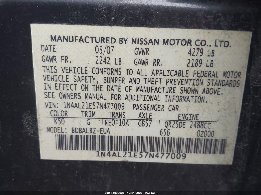 2007 Nissan Altima 2.5 S VIN: 1N4AL21E57N477009 Lot: 44002625
