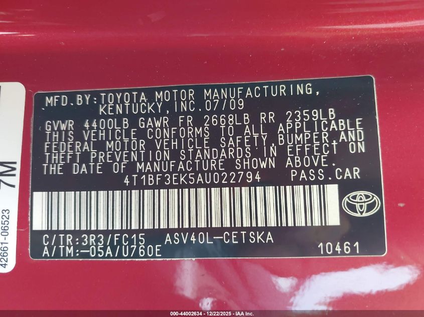 2010 Toyota Camry Se VIN: 4T1BF3EK5AU022794 Lot: 44002634
