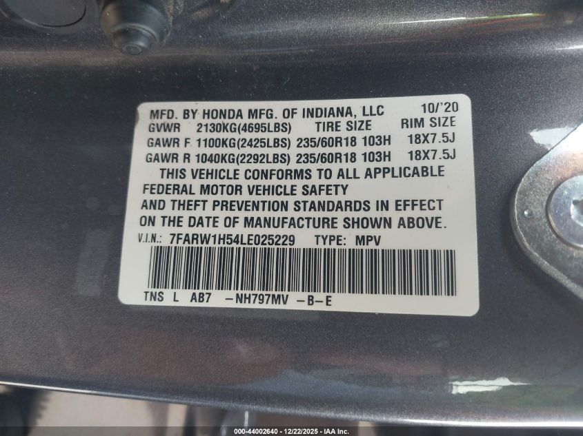 2020 Honda Cr-V 2Wd Ex VIN: 7FARW1H54LE025229 Lot: 44002640