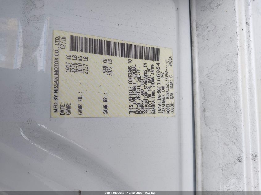 2016 Nissan Altima 2.5 S VIN: 1N4AL3AP8GC166984 Lot: 44002648