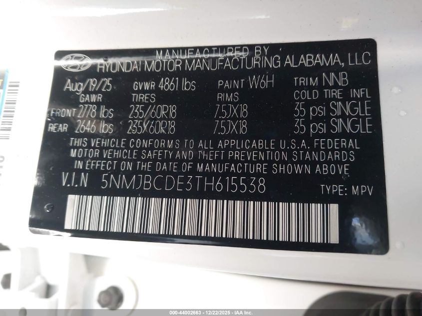 2026 Hyundai Tucson Sel VIN: 5NMJBCDE3TH615538 Lot: 44002663