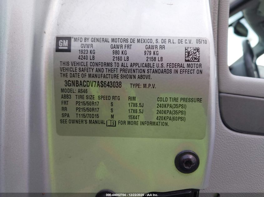 2010 Chevrolet Hhr Lt VIN: 3GNBACDV7AS643038 Lot: 44002704