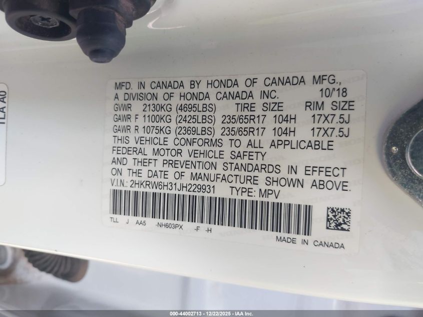 2018 Honda Cr-V Lx VIN: 2HKRW6H31JH229931 Lot: 44002713