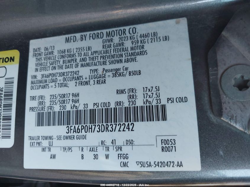 2013 Ford Fusion Se VIN: 3FA6P0H73DR372242 Lot: 44002718