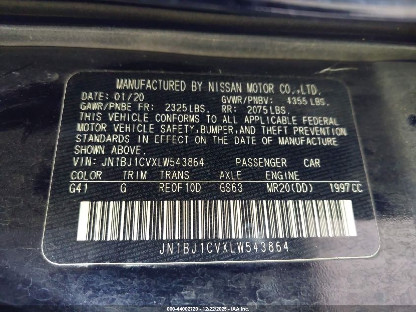 2020 Nissan Rogue Sport S Fwd Xtronic Cvt VIN: JN1BJ1CVXLW543864 Lot: 44002720