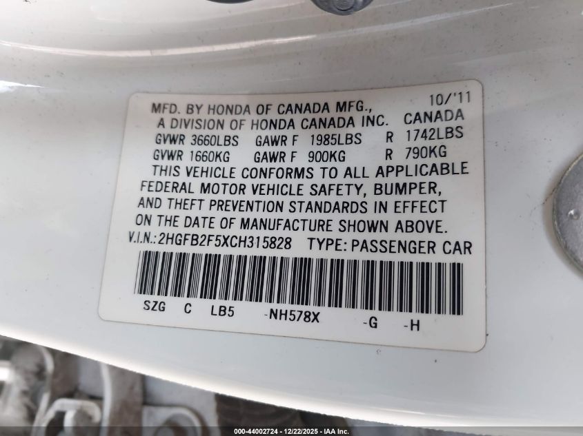 2012 Honda Civic Lx VIN: 2HGFB2F5XCH315828 Lot: 44002724