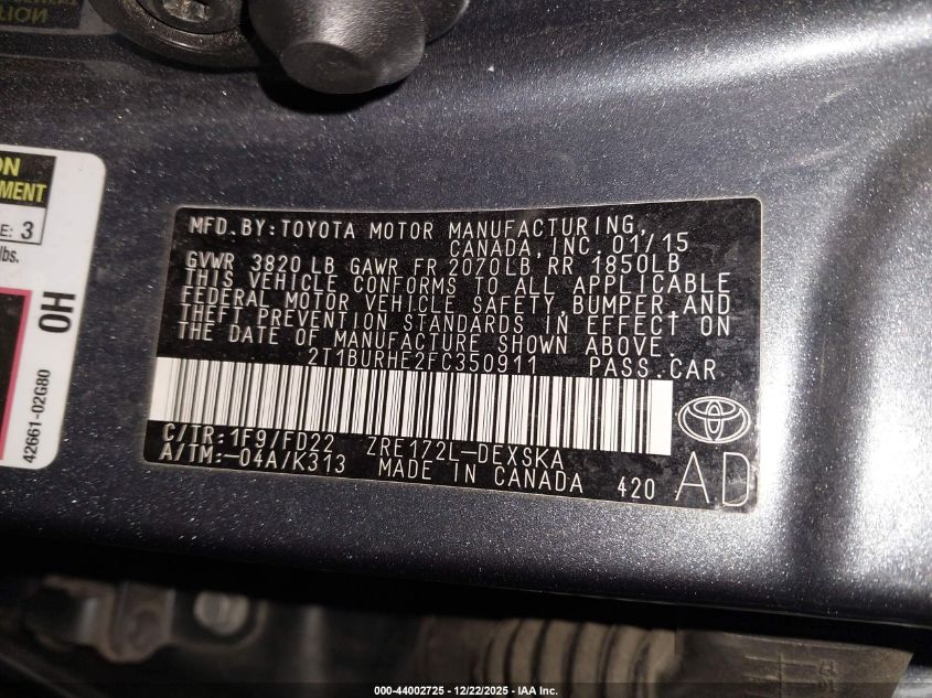 2015 Toyota Corolla S Plus VIN: 2T1BURHE2FC350911 Lot: 44002725