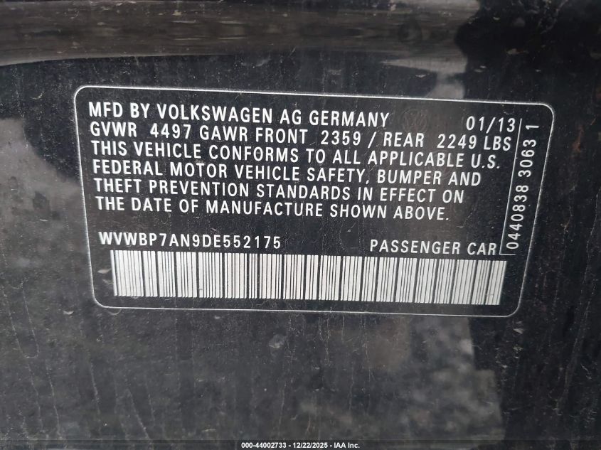 2013 Volkswagen Cc 2.0T Sport VIN: WVWBP7AN9DE552175 Lot: 44002733
