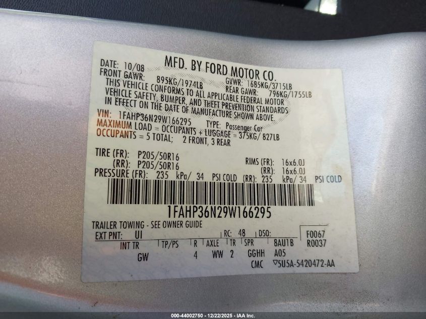 2009 Ford Focus Ses VIN: 1FAHP36N29W166295 Lot: 44002750