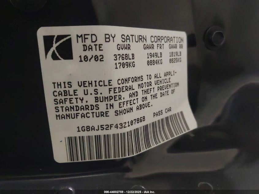 2003 Saturn Ion 2 VIN: 1G8AJ52F43Z107868 Lot: 44002759