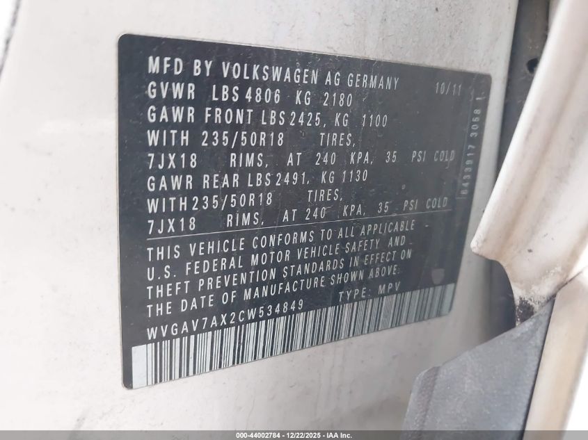 2012 Volkswagen Tiguan Se VIN: WVGAV7AX2CW534849 Lot: 44002784