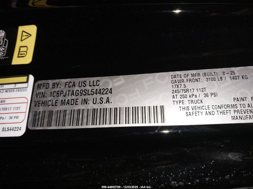 2025 Jeep Gladiator Sport S VIN: 1C6PJTAG9SL544224 Lot: 44002789