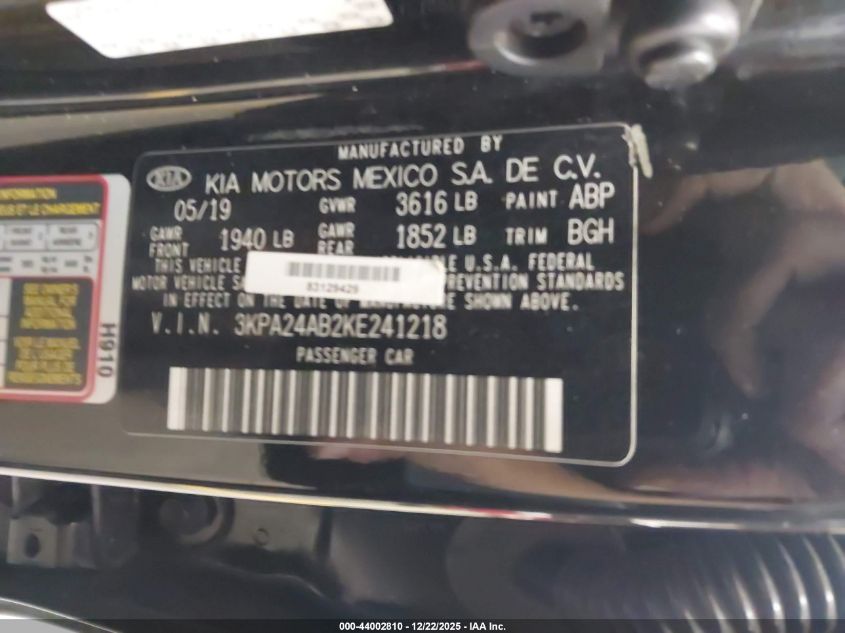 2019 Kia Rio S VIN: 3KPA24AB2KE241218 Lot: 44002810